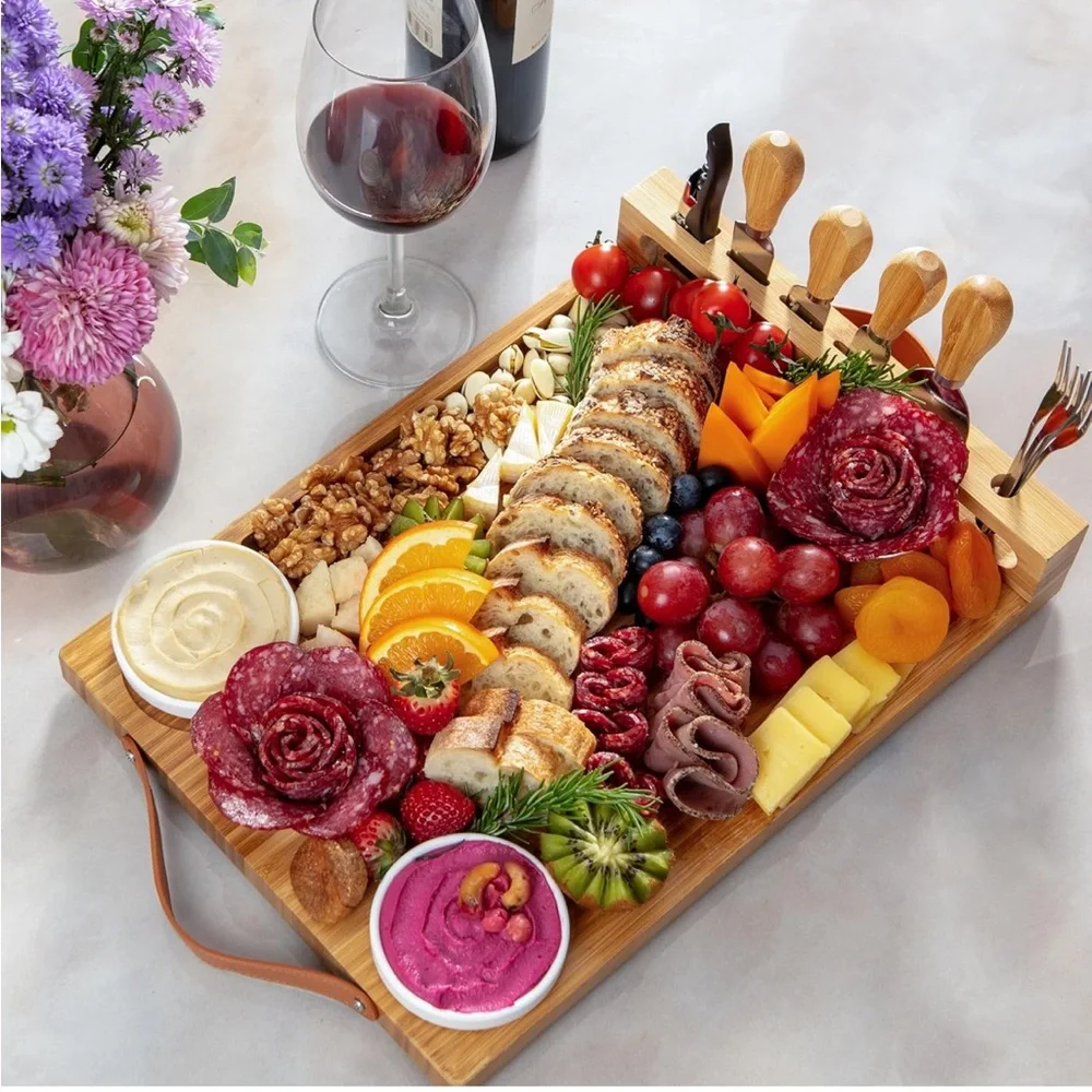 Bamboo Cheese Charcuterie Board, Cutlery Set - Natural Wood